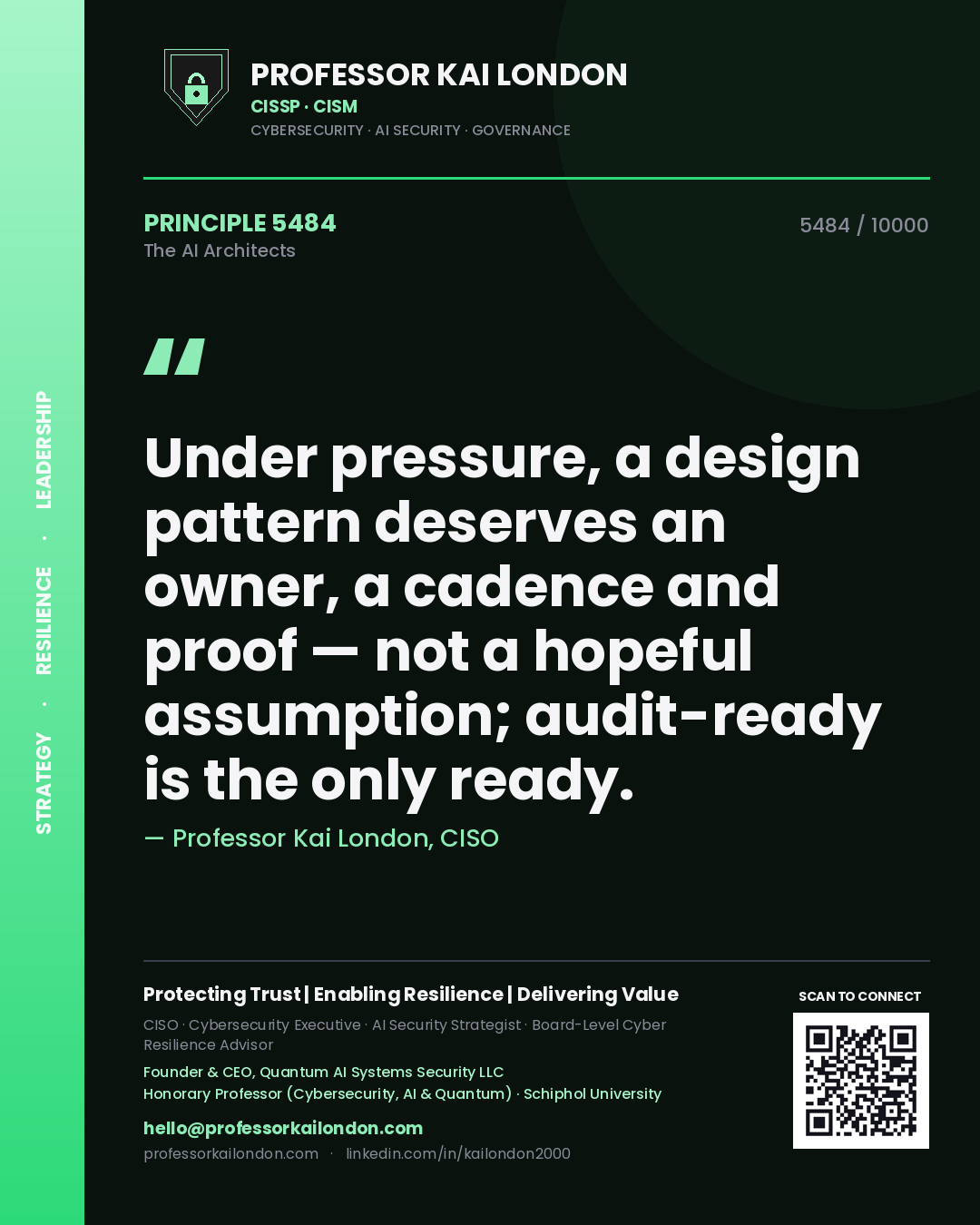 Quote card by Professor Kai London reading 'Under pressure, a design pattern deserves an owner, a cadence and proof — not a hopeful assumption; audit-ready is the only ready.'. From the book The AI Architects.
