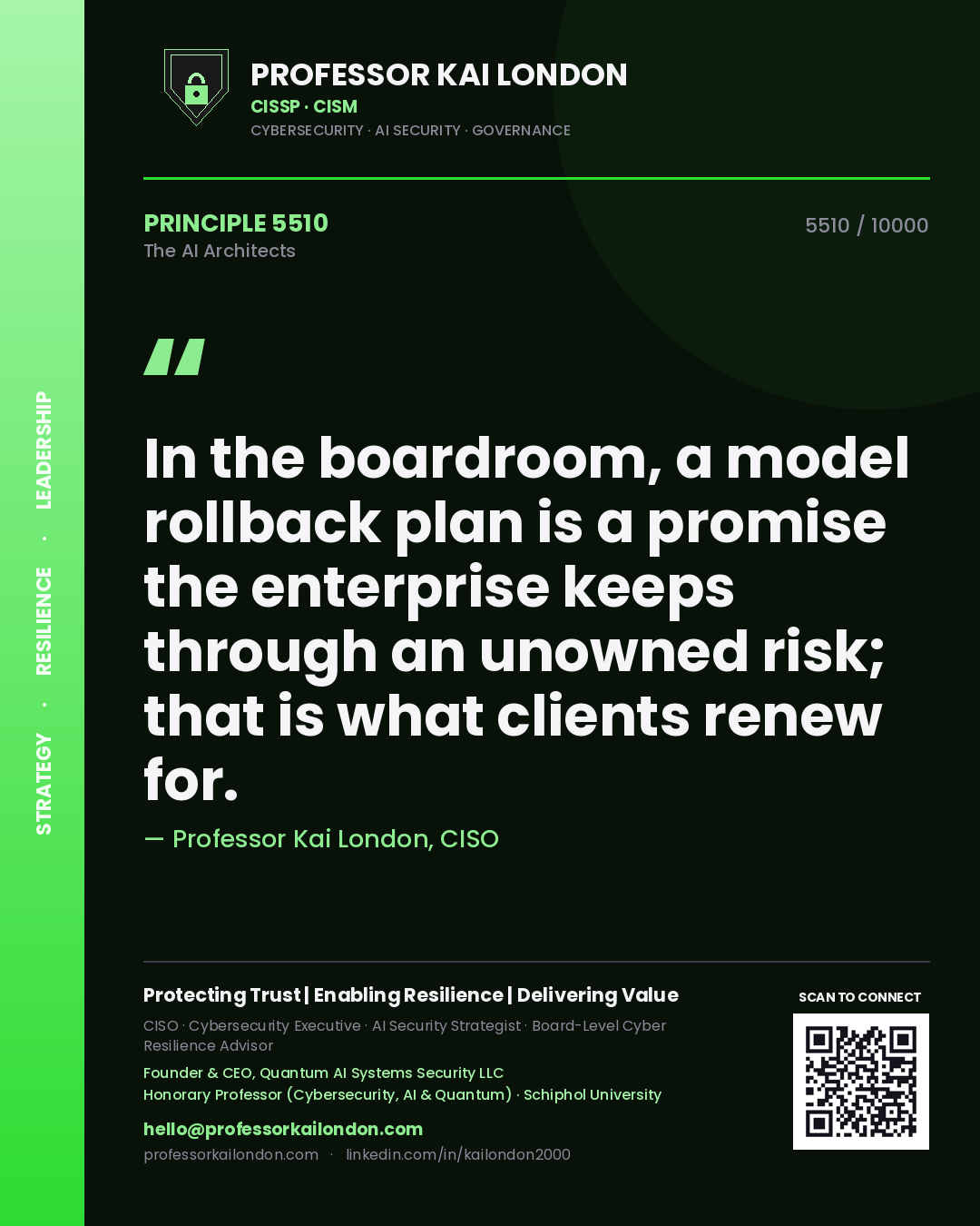 Quote card by Professor Kai London reading 'In the boardroom, a model rollback plan is a promise the enterprise keeps through an unowned risk; that is what clients renew for.'. From the book The AI Architects.