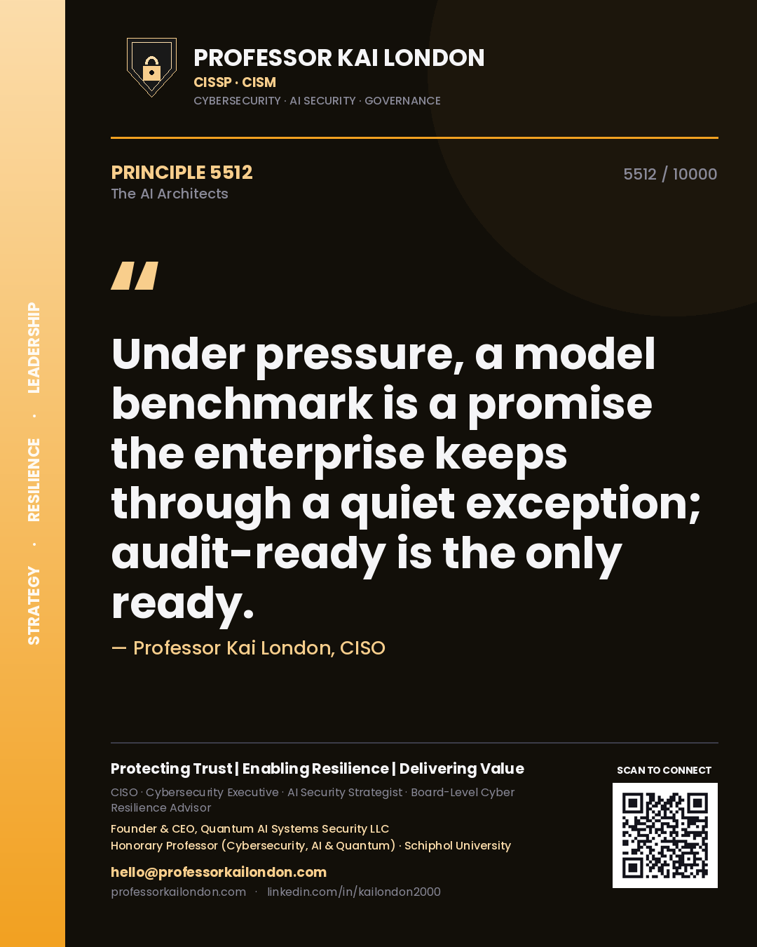 Quote card by Professor Kai London reading 'Under pressure, a model benchmark is a promise the enterprise keeps through a quiet exception; audit-ready is the only ready.'. From the book The AI Architects.