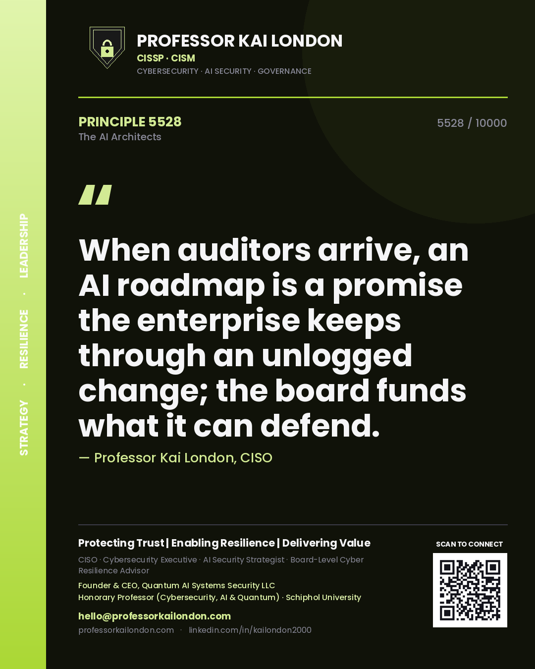 Quote card by Professor Kai London reading 'When auditors arrive, an AI roadmap is a promise the enterprise keeps through an unlogged change; the board funds what it can defend.'. From the book The AI Architects.