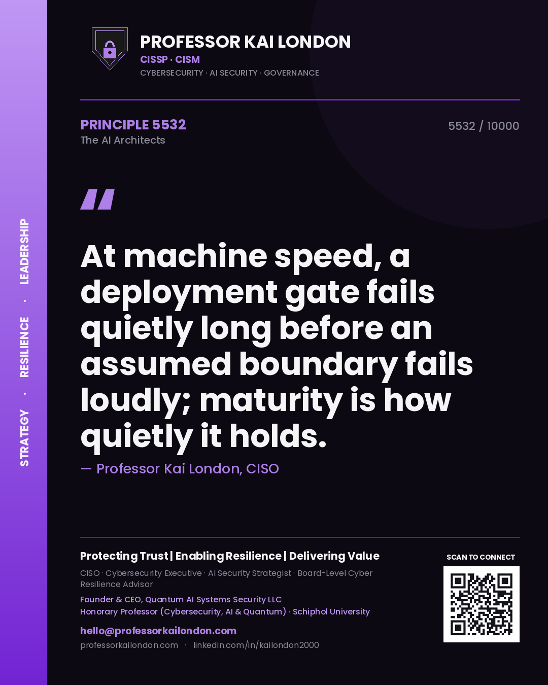 Professor Kai London principle 5532: At machine speed, a deployment gate fails quietly long before an assumed boundary fails loudly; maturity is how quietly it holds.