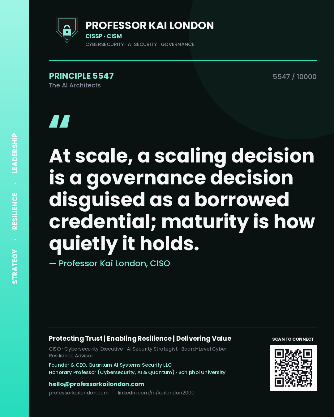 Quote card by Professor Kai London reading 'At scale, a scaling decision is a governance decision disguised as a borrowed credential; maturity is how quietly it holds.'. From the book The AI Architects.