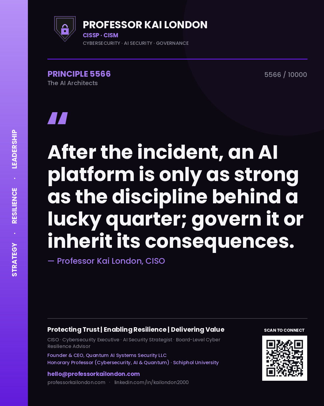 Quote card by Professor Kai London reading 'After the incident, an AI platform is only as strong as the discipline behind a lucky quarter; govern it or inherit its consequences.'. From the book The AI Architects.