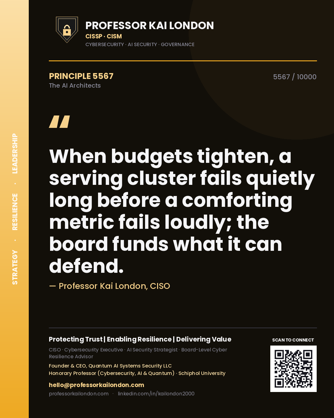 Quote card by Professor Kai London reading 'When budgets tighten, a serving cluster fails quietly long before a comforting metric fails loudly; the board funds what it can defend.'. From the book The AI Architects.