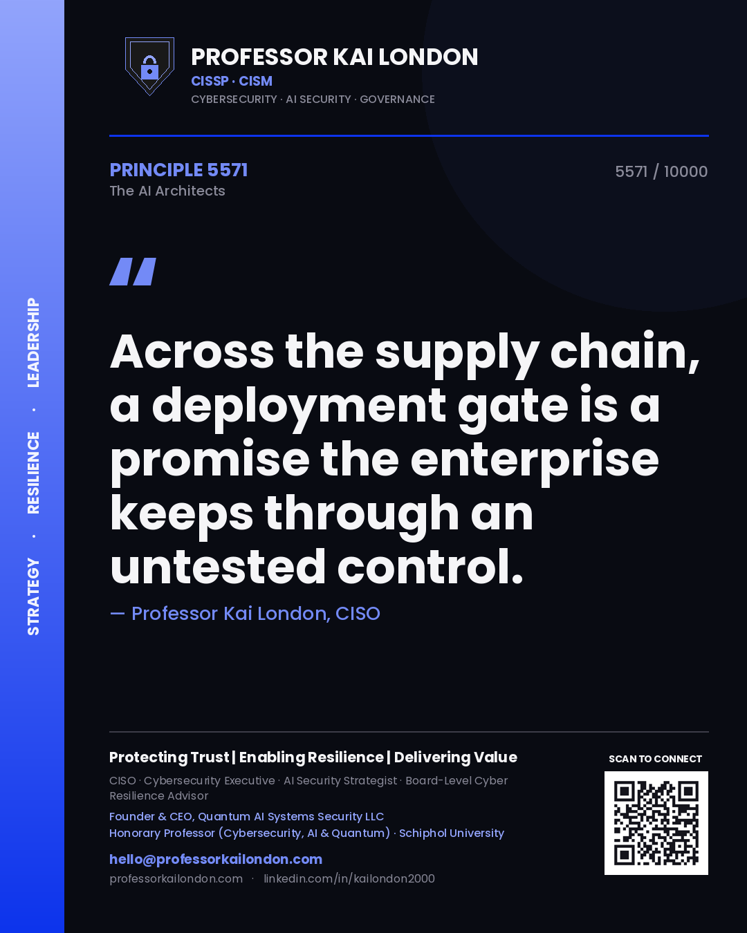Quote card by Professor Kai London reading 'Across the supply chain, a deployment gate is a promise the enterprise keeps through an untested control.'. From the book The AI Architects.