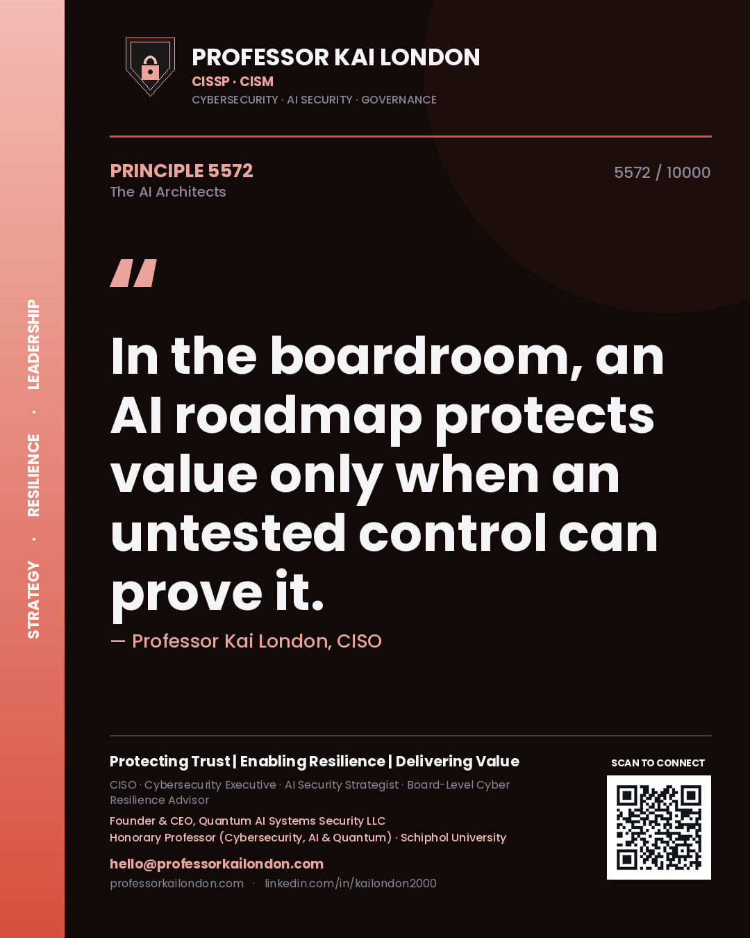 Quote card by Professor Kai London reading 'In the boardroom, an AI roadmap protects value only when an untested control can prove it.'. From the book The AI Architects.