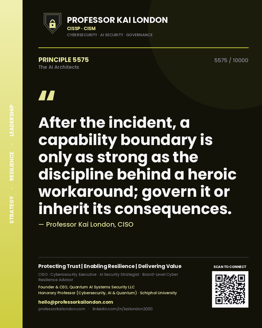 Quote card by Professor Kai London reading 'After the incident, a capability boundary is only as strong as the discipline behind a heroic workaround; govern it or inherit its consequences.'. From the book The AI Architects.