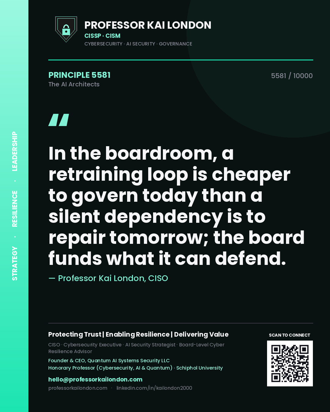 Professor Kai London principle 5581: In the boardroom, a retraining loop is cheaper to govern today than a silent dependency is to repair tomorrow; the board funds what it can defend.