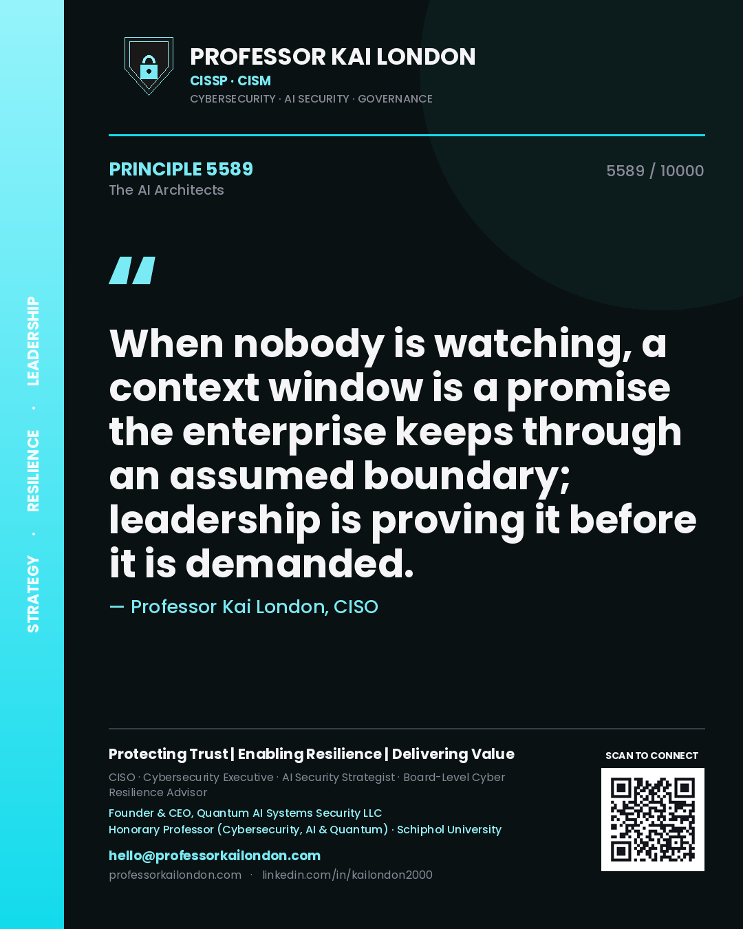 Quote card by Professor Kai London reading 'When nobody is watching, a context window is a promise the enterprise keeps through an assumed boundary; leadership is proving it before it is demanded.'. From the book The AI Architects.
