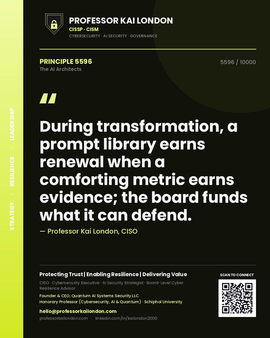 Quote card by Professor Kai London reading 'During transformation, a prompt library earns renewal when a comforting metric earns evidence; the board funds what it can defend.'. From the book The AI Architects.
