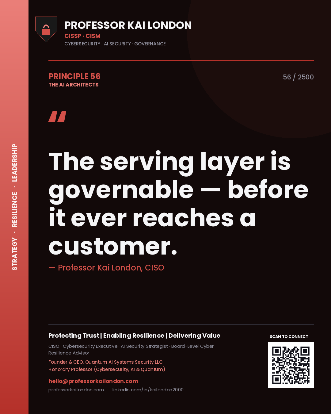 Quote card by Professor Kai London reading 'The serving layer is governable — before it ever reaches a customer.'. From the book The AI Architects.
