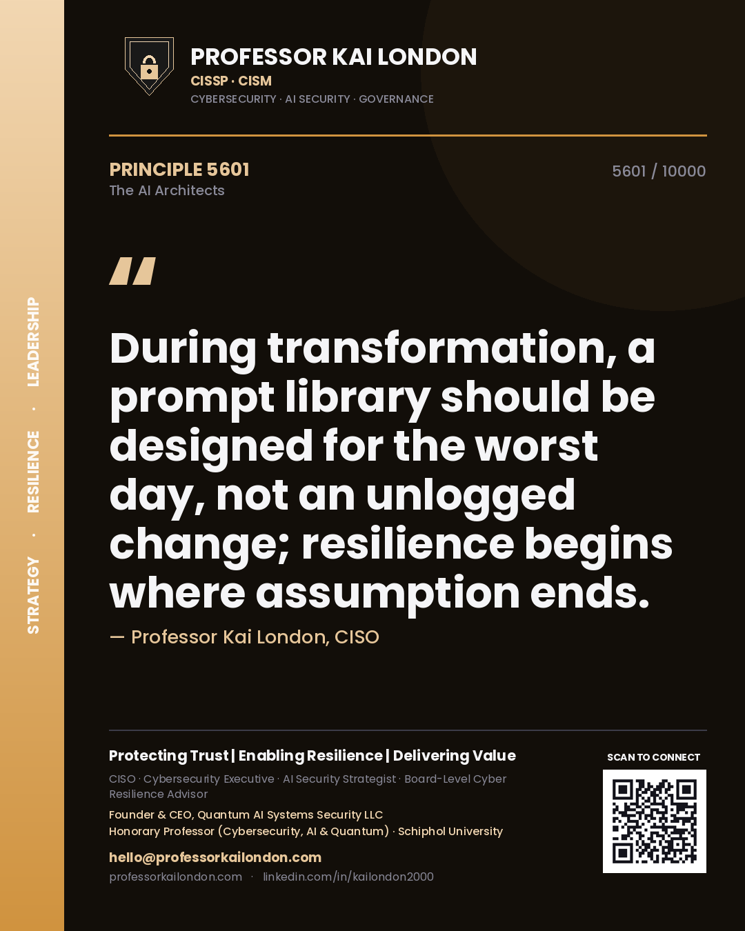 Quote card by Professor Kai London reading 'During transformation, a prompt library should be designed for the worst day, not an unlogged change; resilience begins where assumption ends.'. From the book The AI Architects.