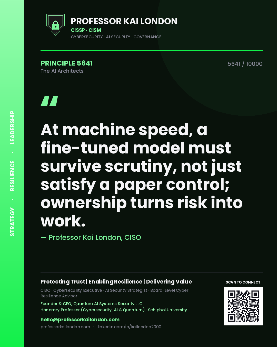 Quote card by Professor Kai London reading 'At machine speed, a fine-tuned model must survive scrutiny, not just satisfy a paper control; ownership turns risk into work.'. From the book The AI Architects.