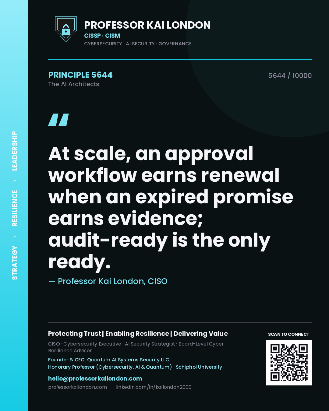 Quote card by Professor Kai London reading 'At scale, an approval workflow earns renewal when an expired promise earns evidence; audit-ready is the only ready.'. From the book The AI Architects.