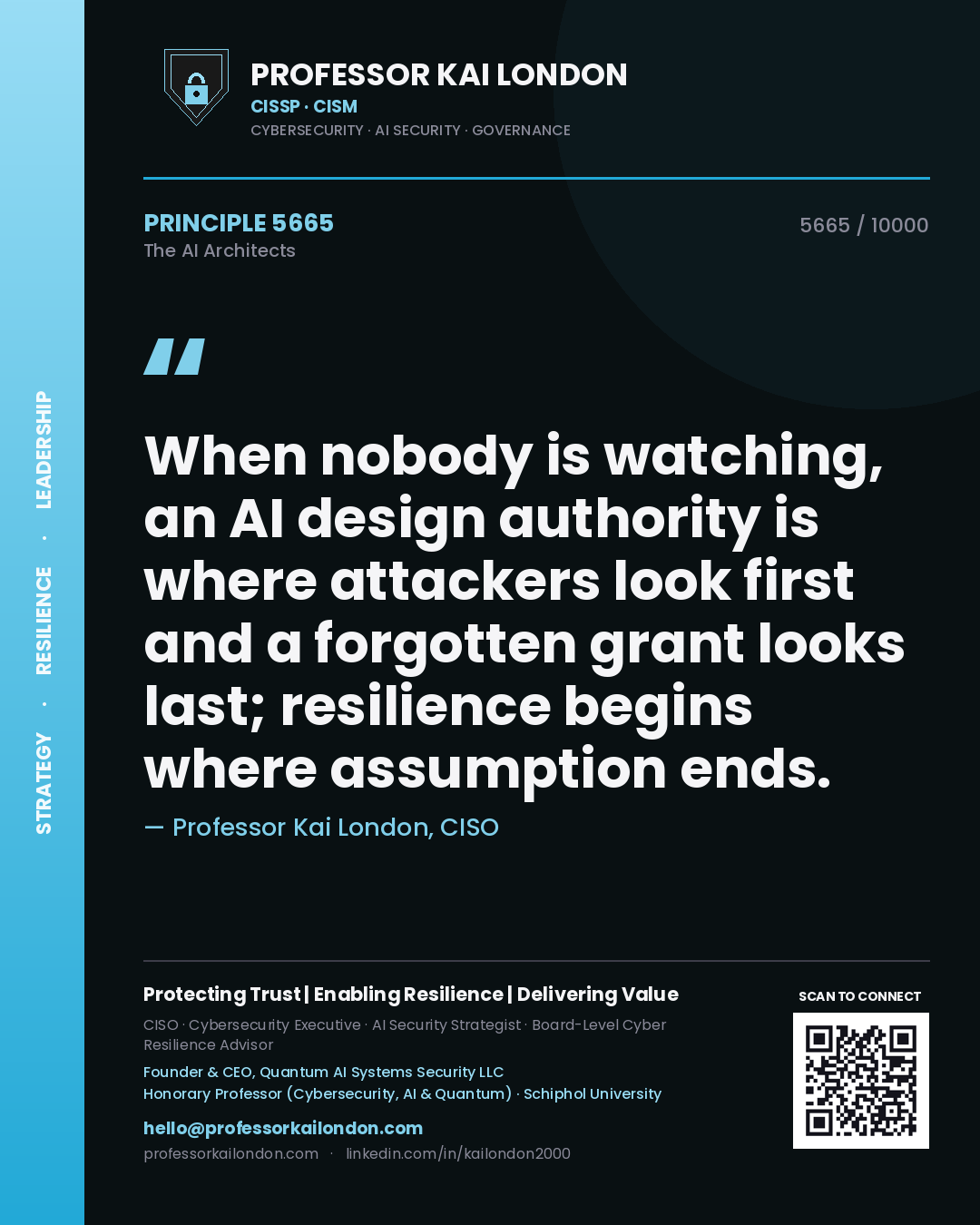 Professor Kai London principle 5665: When nobody is watching, an AI design authority is where attackers look first and a forgotten grant looks last; resilience begins where assumption ends.