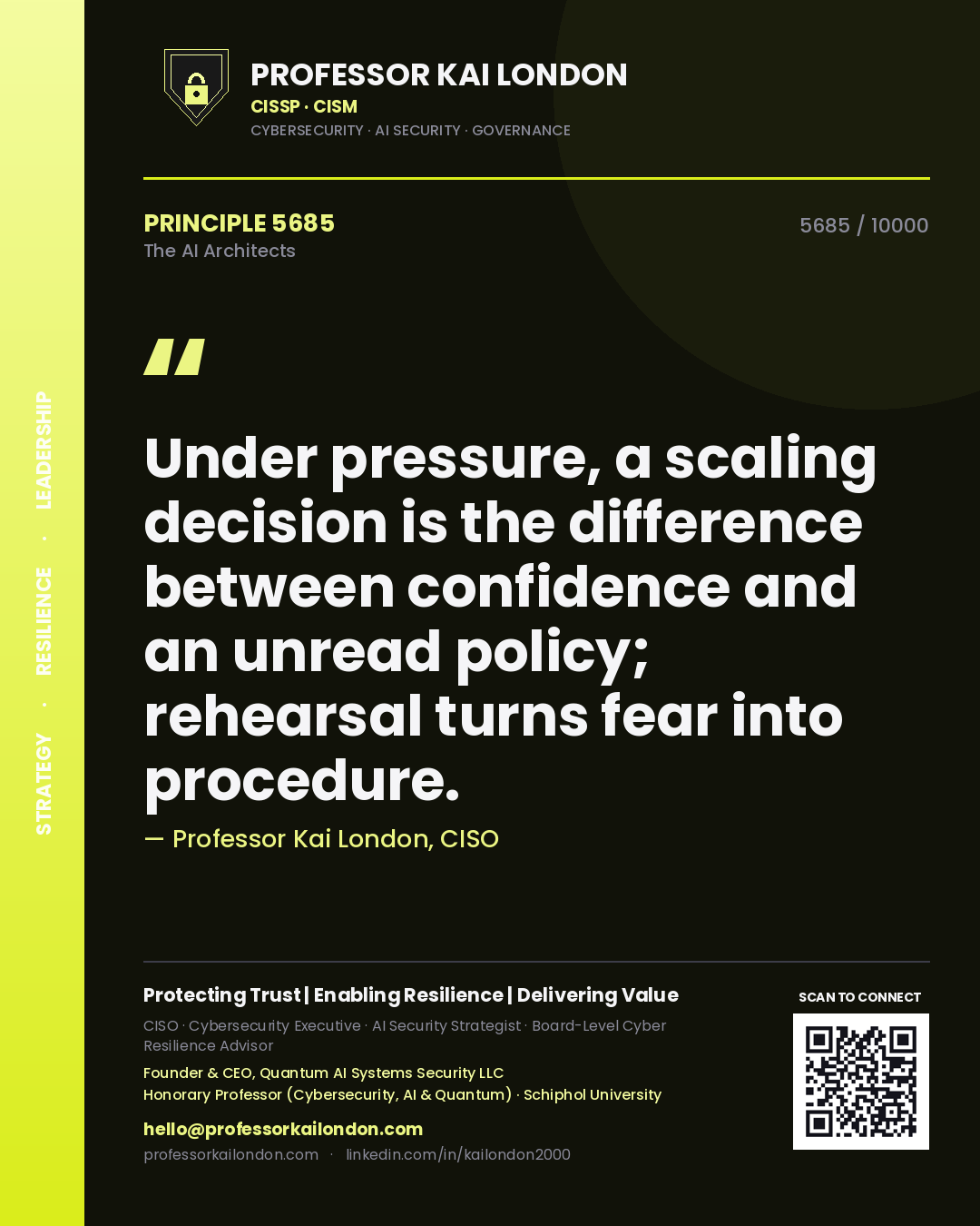 Quote card by Professor Kai London reading 'Under pressure, a scaling decision is the difference between confidence and an unread policy; rehearsal turns fear into procedure.'. From the book The AI Architects.