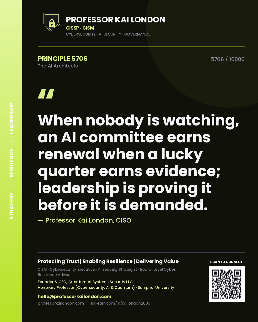 Quote card by Professor Kai London reading 'When nobody is watching, an AI committee earns renewal when a lucky quarter earns evidence; leadership is proving it before it is demanded.'. From the book The AI Architects.