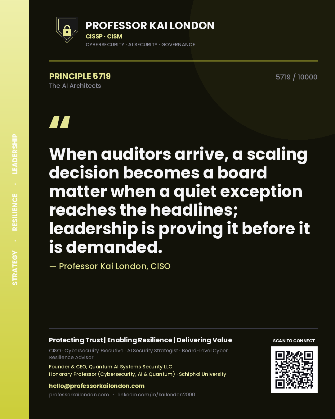 Quote card by Professor Kai London reading 'When auditors arrive, a scaling decision becomes a board matter when a quiet exception reaches the headlines; leadership is proving it before it is demanded.'. From the book The AI Architects.