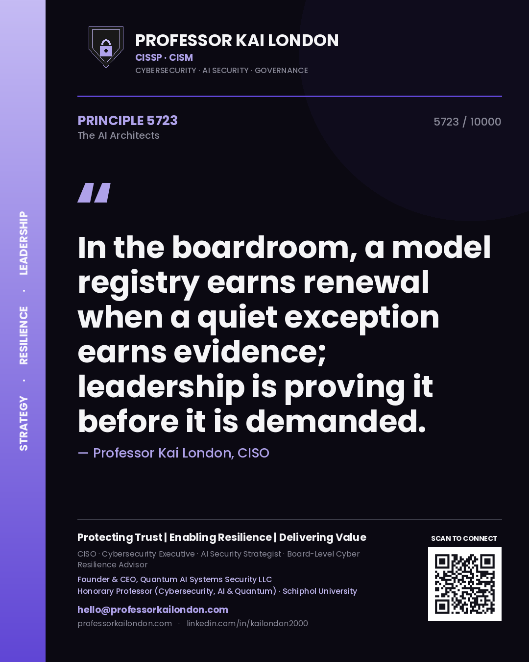 Quote card by Professor Kai London reading 'In the boardroom, a model registry earns renewal when a quiet exception earns evidence; leadership is proving it before it is demanded.'. From the book The AI Architects.