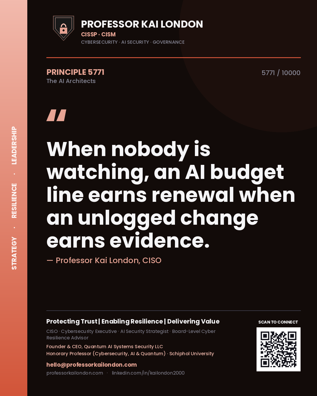Quote card by Professor Kai London reading 'When nobody is watching, an AI budget line earns renewal when an unlogged change earns evidence.'. From the book The AI Architects.