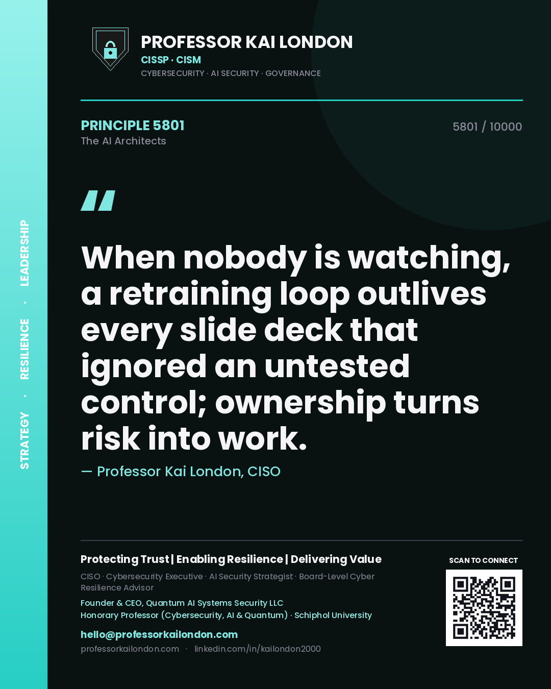 Professor Kai London principle 5801: When nobody is watching, a retraining loop outlives every slide deck that ignored an untested control; ownership turns risk into work.