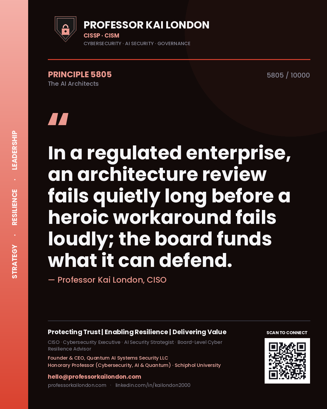 Professor Kai London principle 5805: In a regulated enterprise, an architecture review fails quietly long before a heroic workaround fails loudly; the board funds what it can defend.