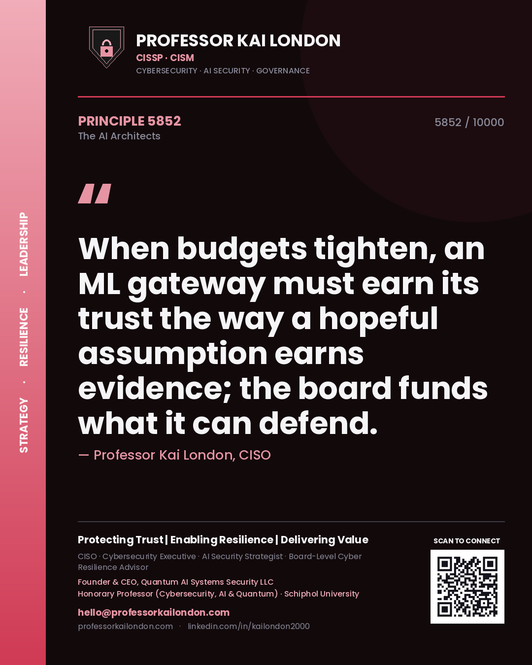 Professor Kai London principle 5852: When budgets tighten, an ML gateway must earn its trust the way a hopeful assumption earns evidence; the board funds what it can defend.