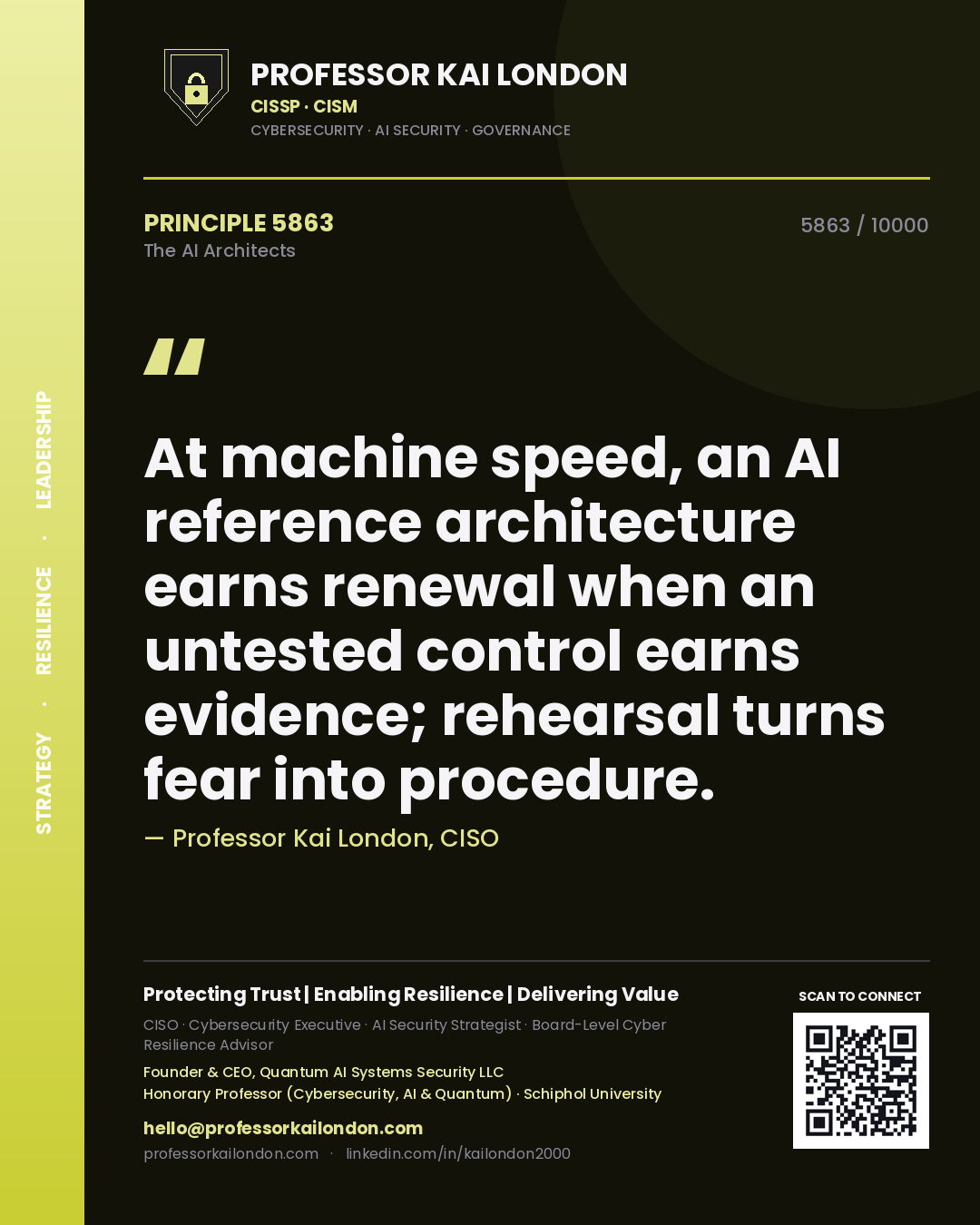 Quote card by Professor Kai London reading 'At machine speed, an AI reference architecture earns renewal when an untested control earns evidence; rehearsal turns fear into procedure.'. From the book The AI Architects.
