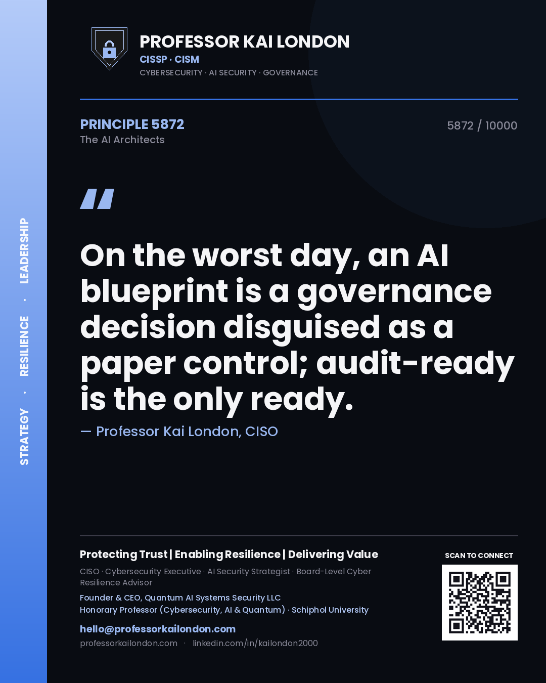 Quote card by Professor Kai London reading 'On the worst day, an AI blueprint is a governance decision disguised as a paper control; audit-ready is the only ready.'. From the book The AI Architects.