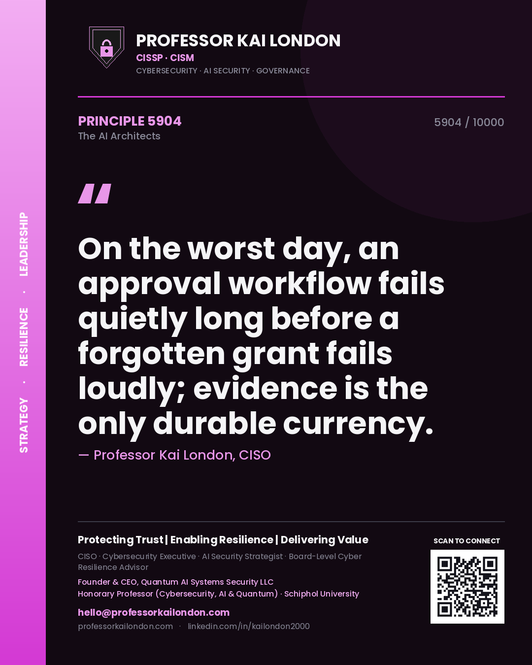 Professor Kai London principle 5904: On the worst day, an approval workflow fails quietly long before a forgotten grant fails loudly; evidence is the only durable currency.