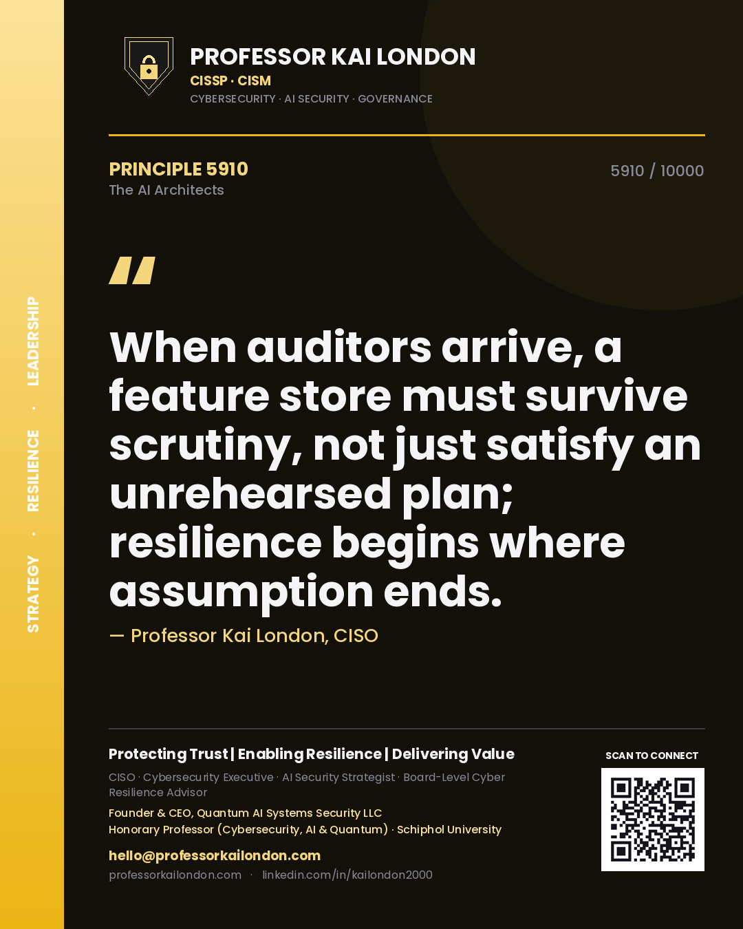 Professor Kai London principle 5910: When auditors arrive, a feature store must survive scrutiny, not just satisfy an unrehearsed plan; resilience begins where assumption ends.