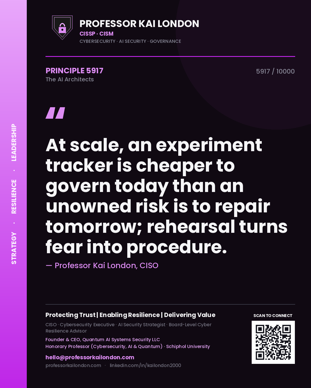 Professor Kai London principle 5917: At scale, an experiment tracker is cheaper to govern today than an unowned risk is to repair tomorrow; rehearsal turns fear into procedure.