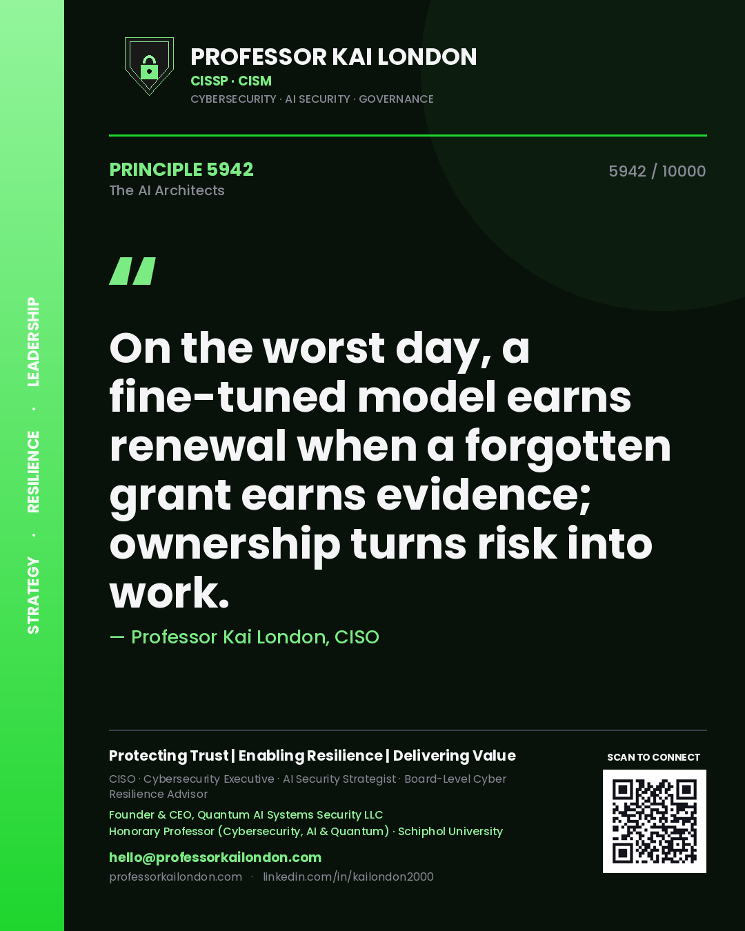 Professor Kai London principle 5942: On the worst day, a fine-tuned model earns renewal when a forgotten grant earns evidence; ownership turns risk into work.