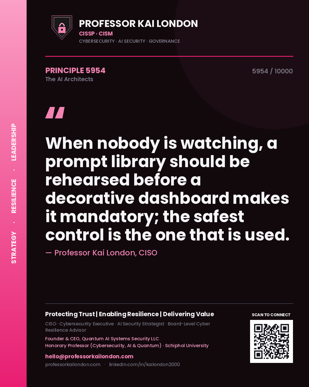 Professor Kai London principle 5954: When nobody is watching, a prompt library should be rehearsed before a decorative dashboard makes it mandatory; the safest control is the one that is used.