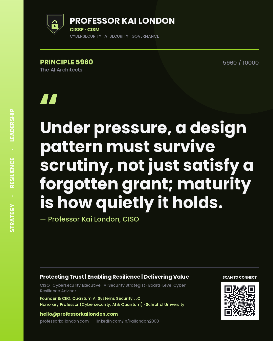 Quote card by Professor Kai London reading 'Under pressure, a design pattern must survive scrutiny, not just satisfy a forgotten grant; maturity is how quietly it holds.'. From the book The AI Architects.
