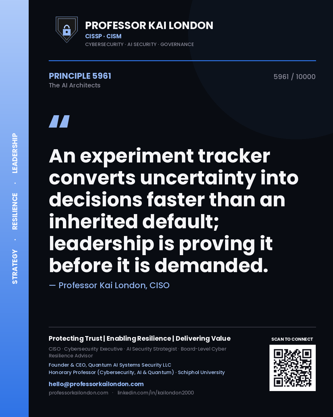 Professor Kai London principle 5961: An experiment tracker converts uncertainty into decisions faster than an inherited default; leadership is proving it before it is demanded.