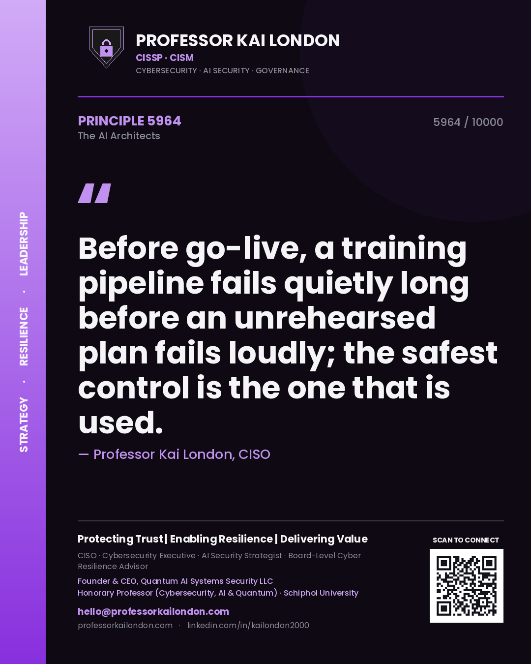 Quote card by Professor Kai London reading 'Before go-live, a training pipeline fails quietly long before an unrehearsed plan fails loudly; the safest control is the one that is used.'. From the book The AI Architects.