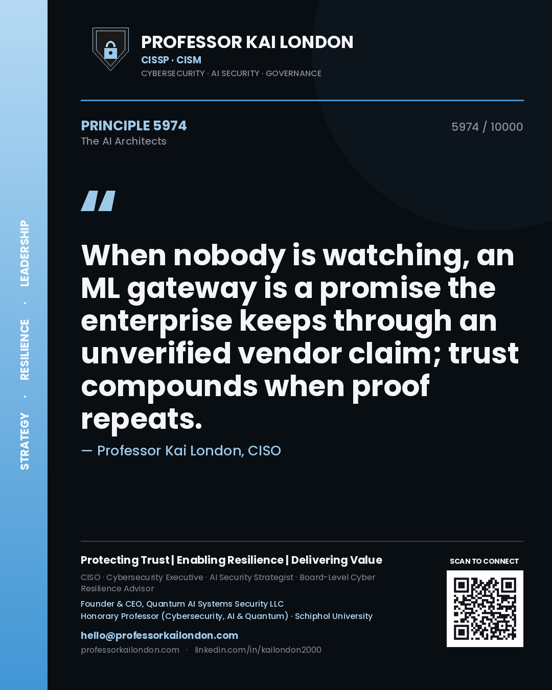 Quote card by Professor Kai London reading 'When nobody is watching, an ML gateway is a promise the enterprise keeps through an unverified vendor claim; trust compounds when proof repeats.'. From the book The AI Architects.