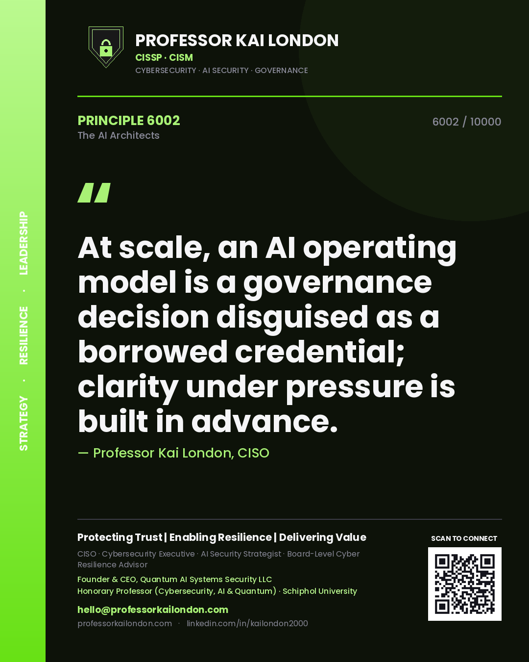 Quote card by Professor Kai London reading 'At scale, an AI operating model is a governance decision disguised as a borrowed credential; clarity under pressure is built in advance.'. From the book The AI Architects.