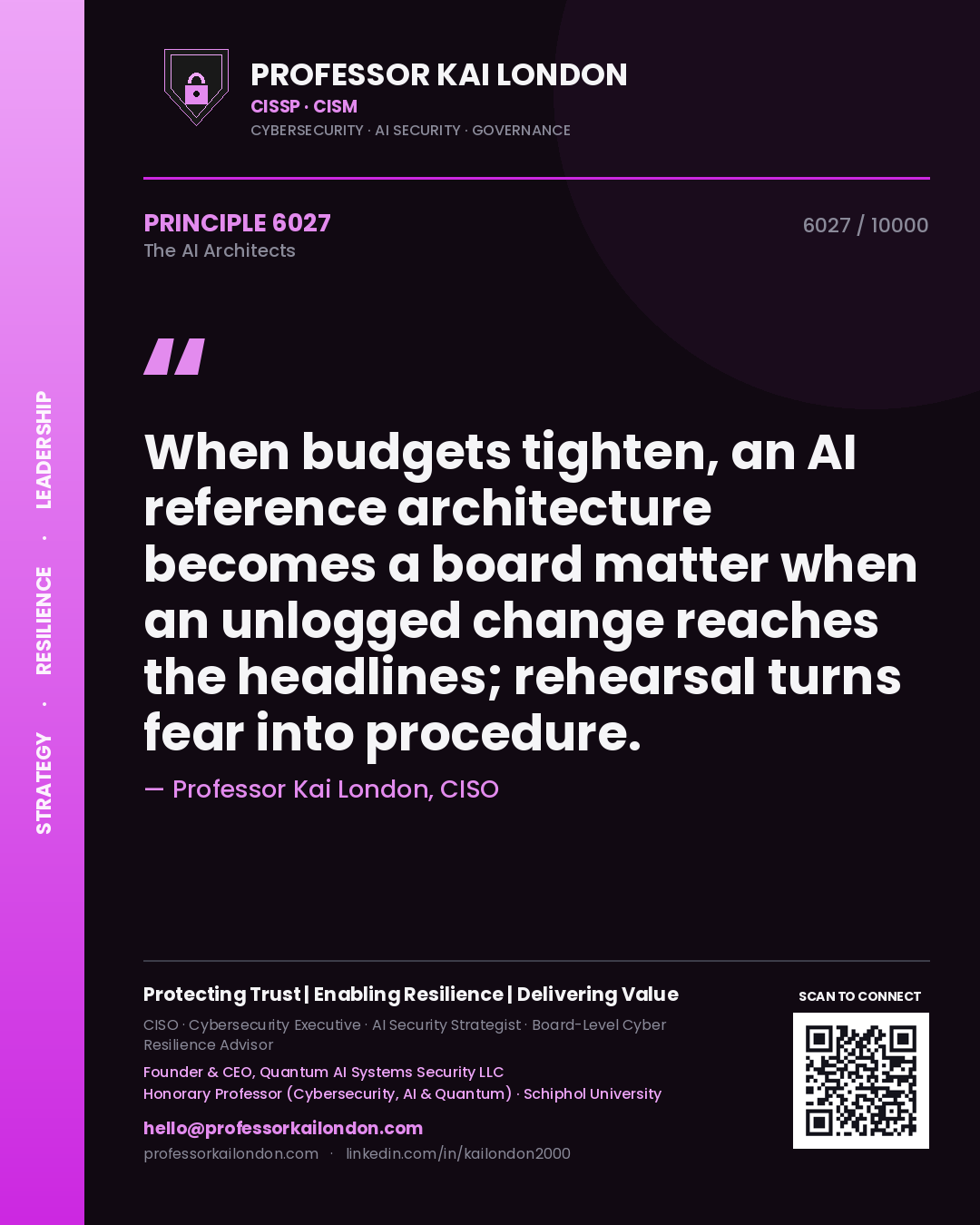Quote card by Professor Kai London reading 'When budgets tighten, an AI reference architecture becomes a board matter when an unlogged change reaches the headlines; rehearsal turns fear into procedure.'. From the book The AI Architects.
