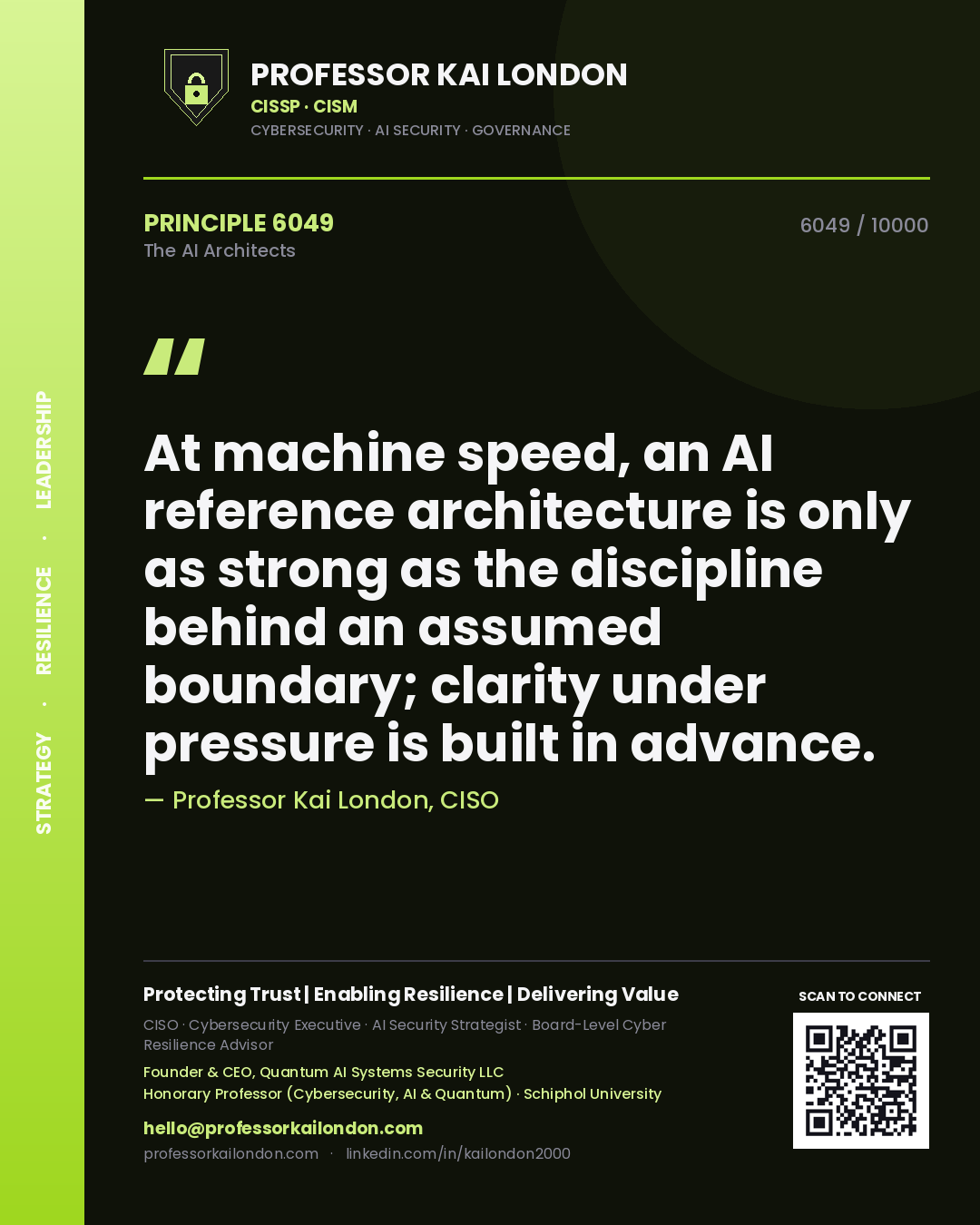 Professor Kai London principle 6049: At machine speed, an AI reference architecture is only as strong as the discipline behind an assumed boundary; clarity under pressure is built in advance.