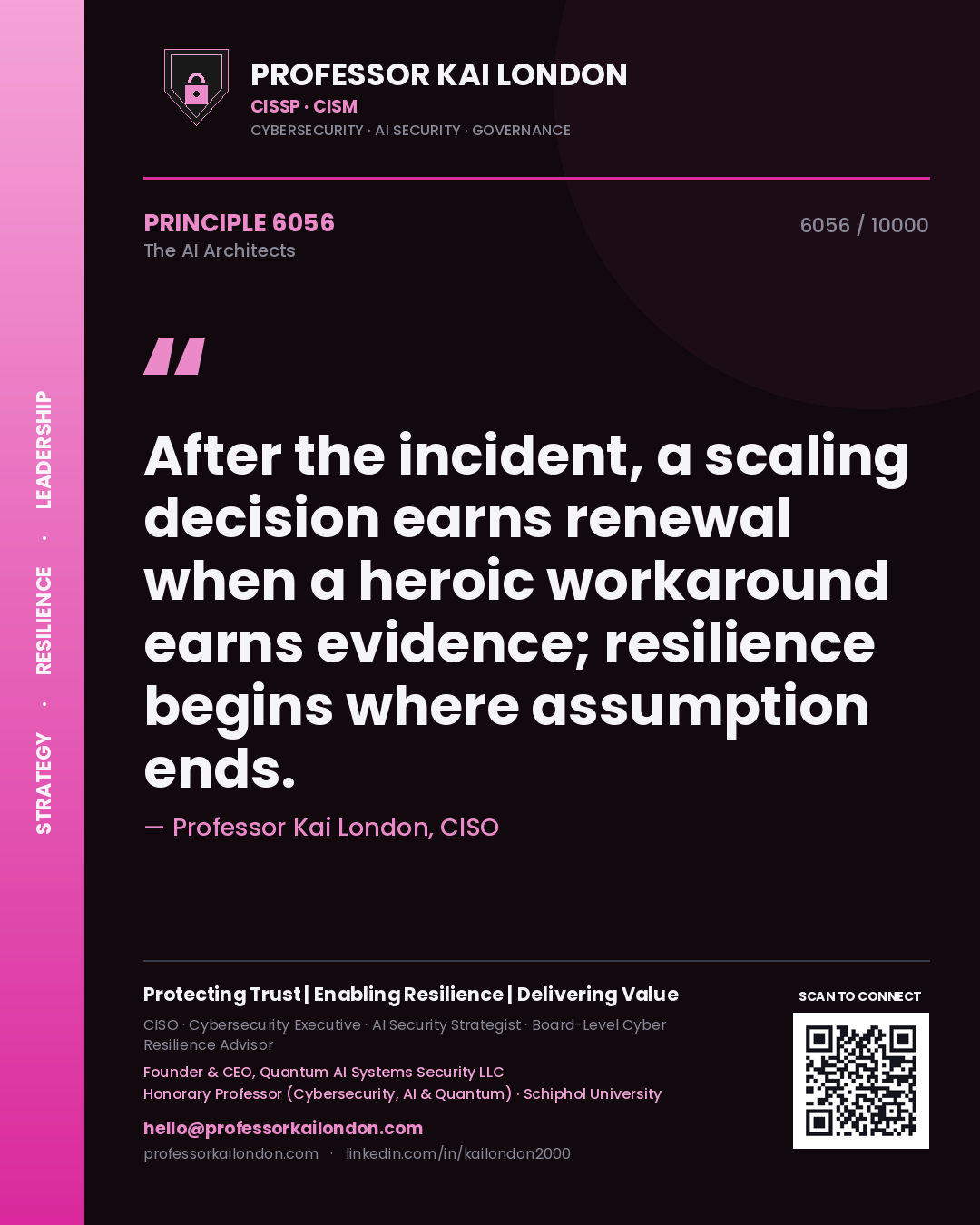 Professor Kai London principle 6056: After the incident, a scaling decision earns renewal when a heroic workaround earns evidence; resilience begins where assumption ends.