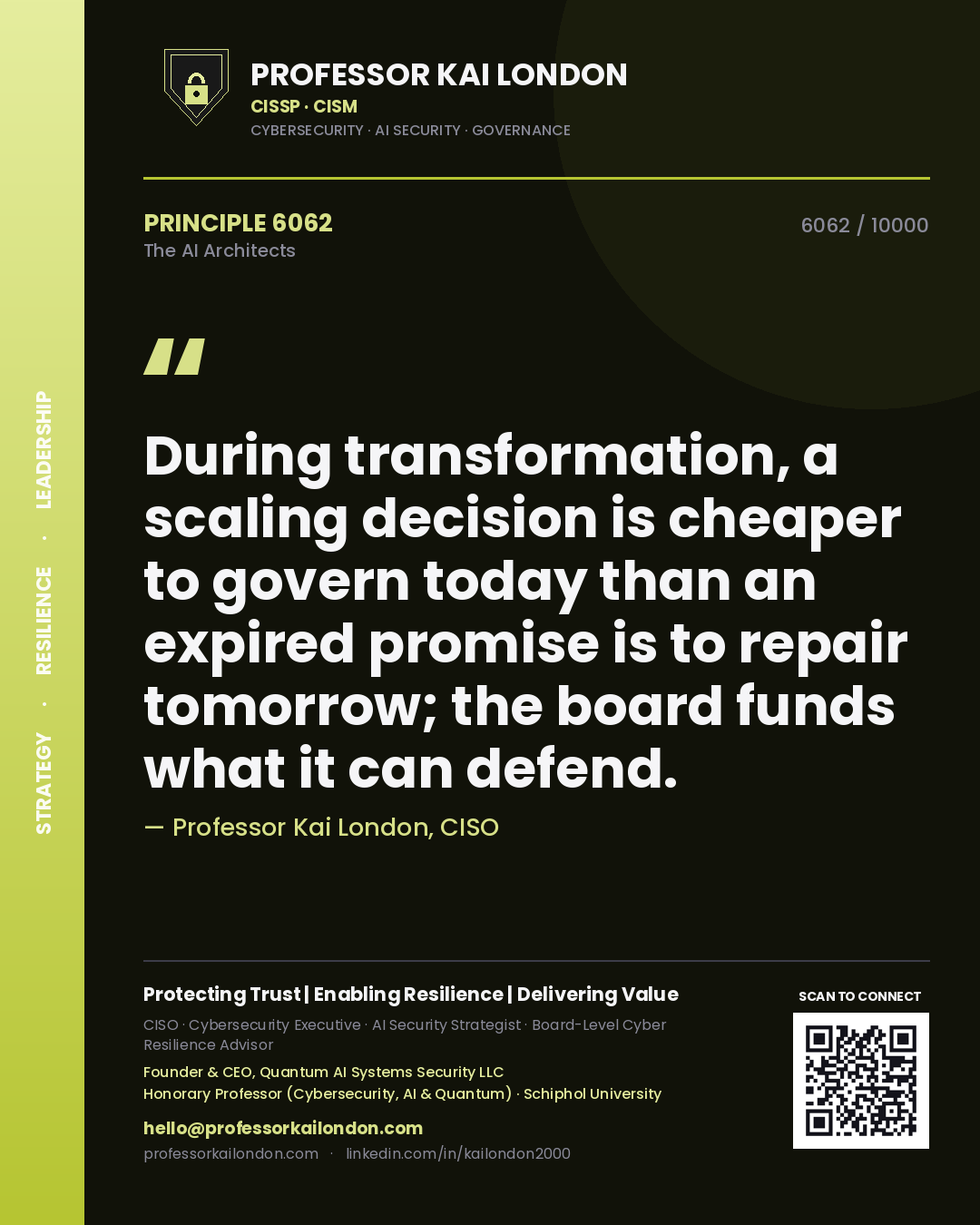 Professor Kai London principle 6062: During transformation, a scaling decision is cheaper to govern today than an expired promise is to repair tomorrow; the board funds what it can defend.
