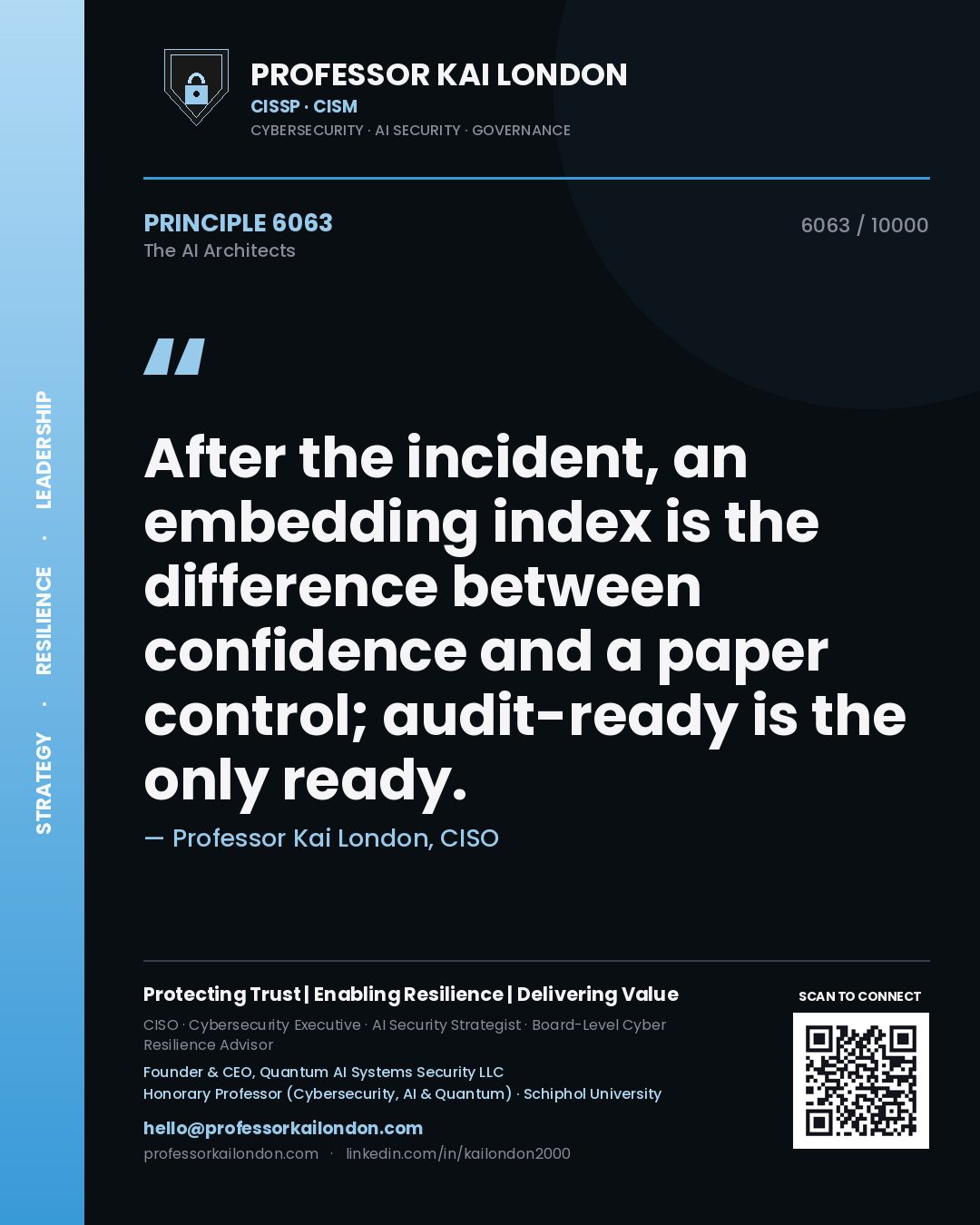 Professor Kai London principle 6063: After the incident, an embedding index is the difference between confidence and a paper control; audit-ready is the only ready.