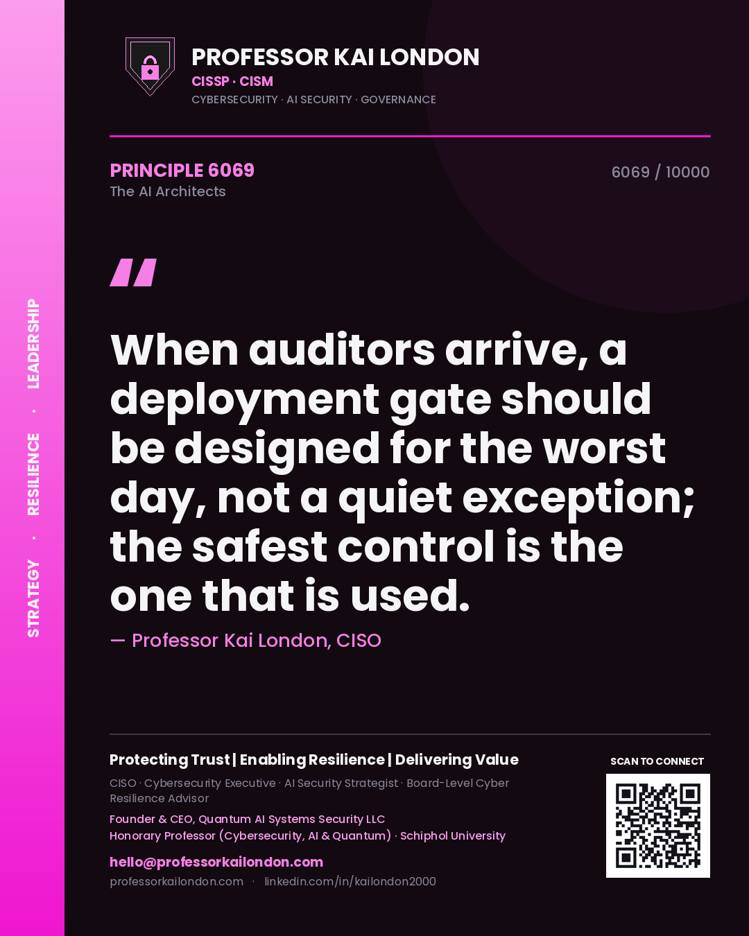 Professor Kai London principle 6069: When auditors arrive, a deployment gate should be designed for the worst day, not a quiet exception; the safest control is the one that is used.