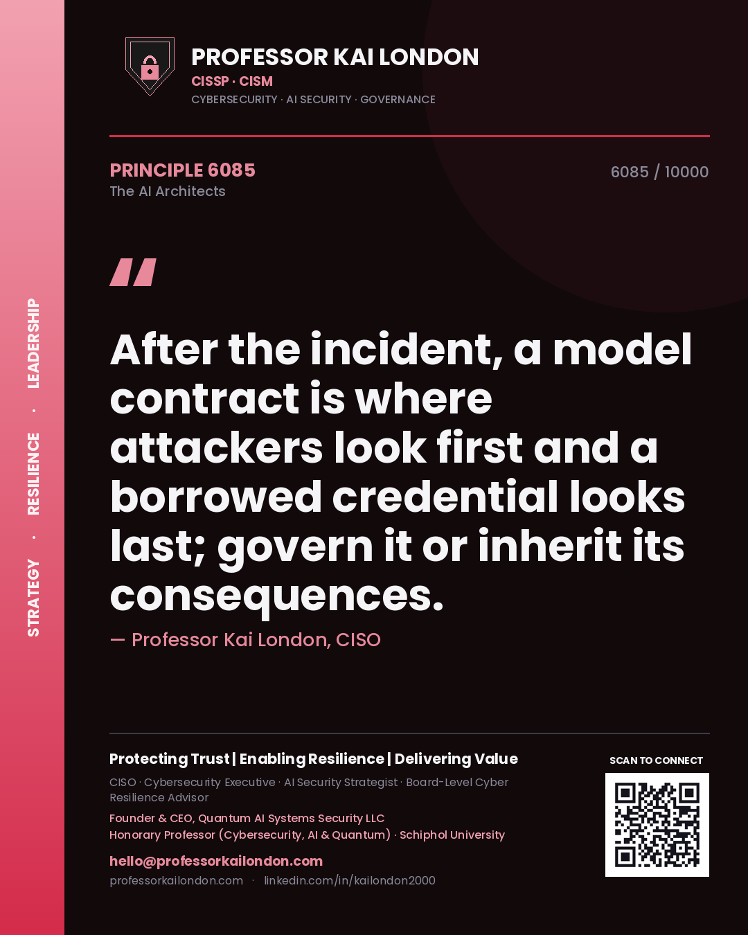 Quote card by Professor Kai London reading 'After the incident, a model contract is where attackers look first and a borrowed credential looks last; govern it or inherit its consequences.'. From the book The AI Architects.