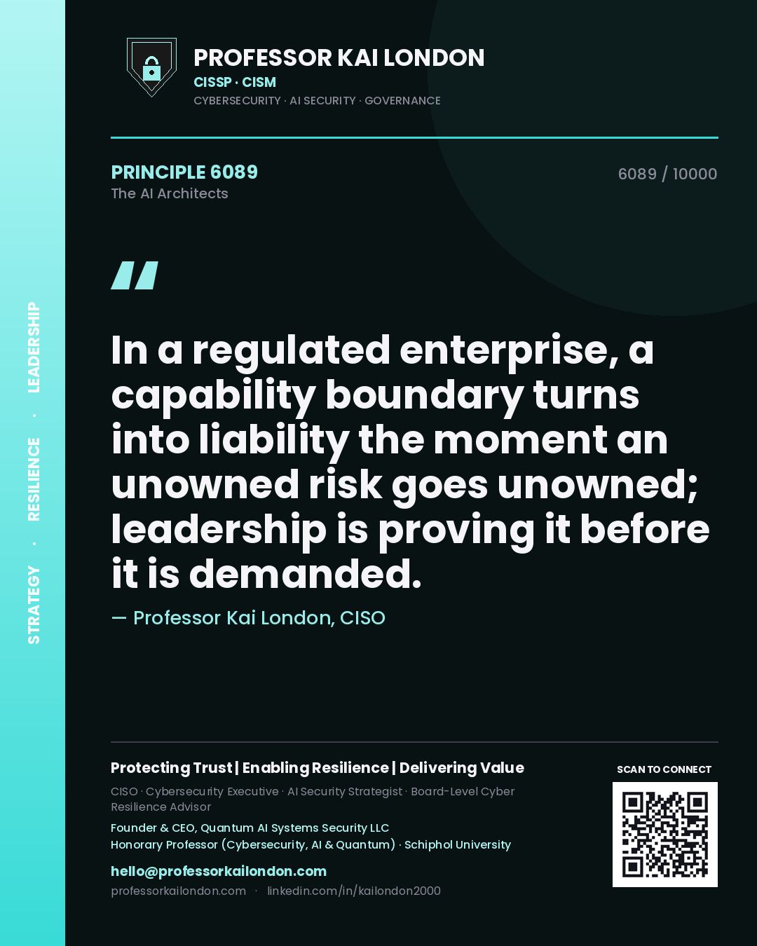 Quote card by Professor Kai London reading 'In a regulated enterprise, a capability boundary turns into liability the moment an unowned risk goes unowned; leadership is proving it before it is demanded.'. From the book The AI Architects.