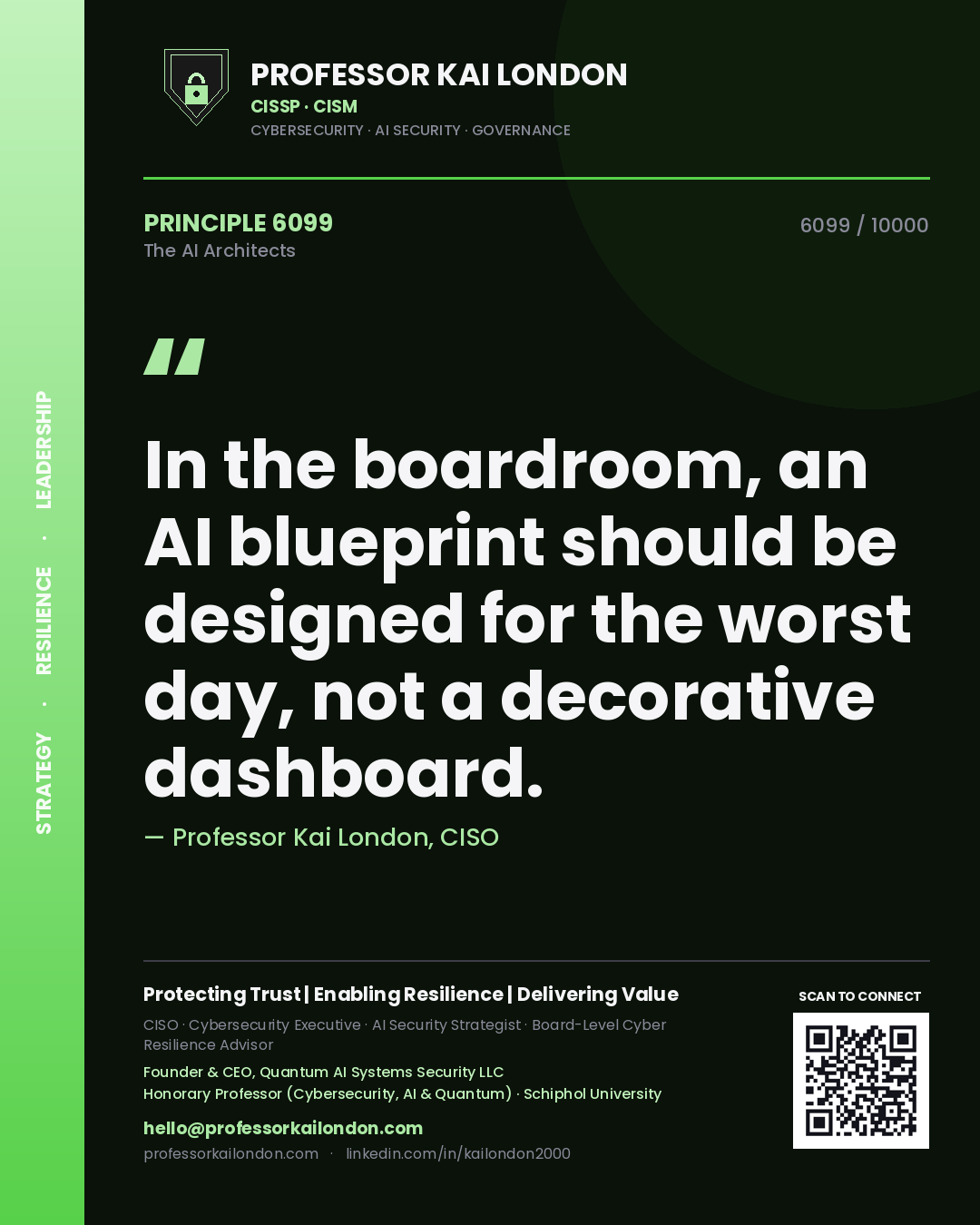 Professor Kai London principle 6099: In the boardroom, an AI blueprint should be designed for the worst day, not a decorative dashboard.
