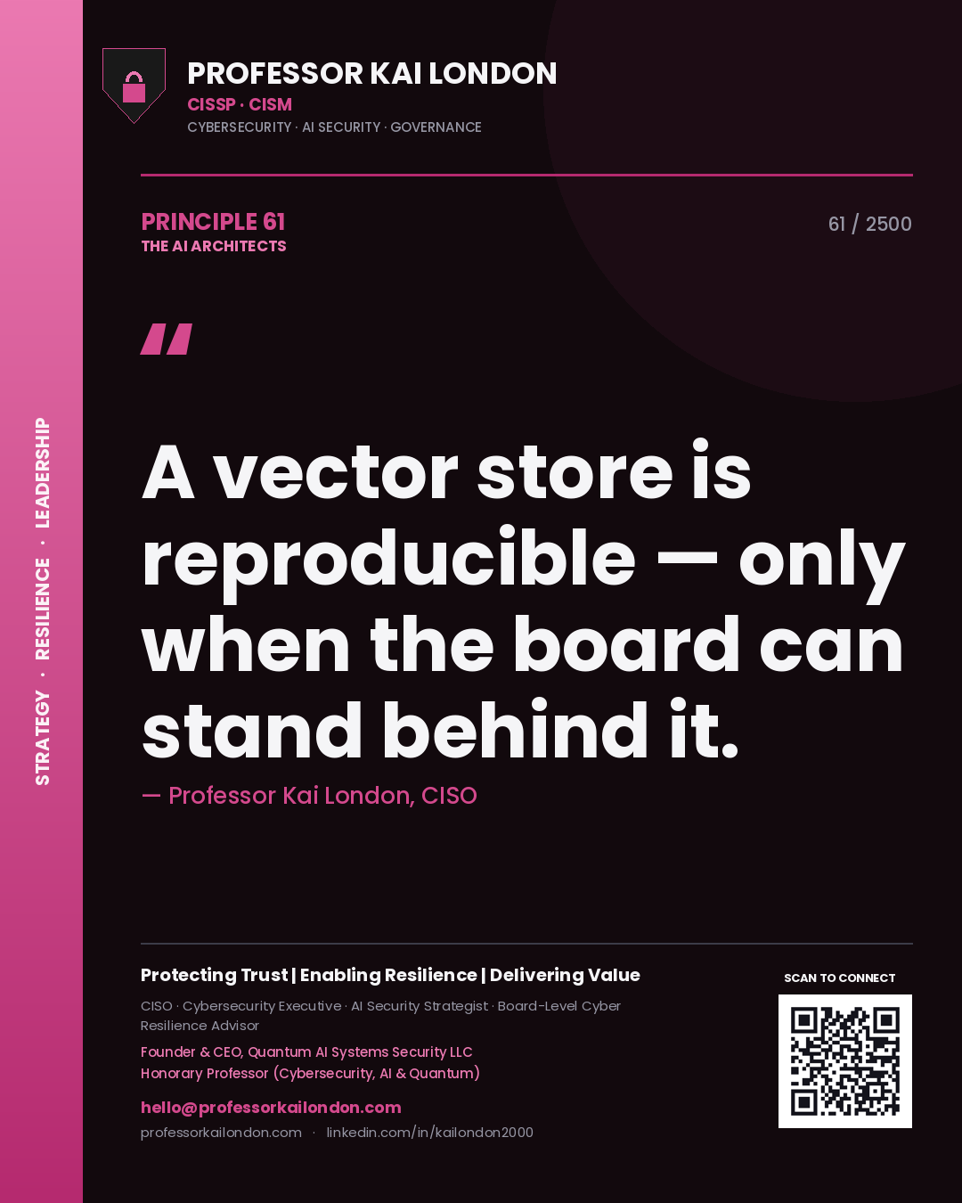Quote card by Professor Kai London reading 'A vector store is reproducible — only when the board can stand behind it.'. From the book The AI Architects.