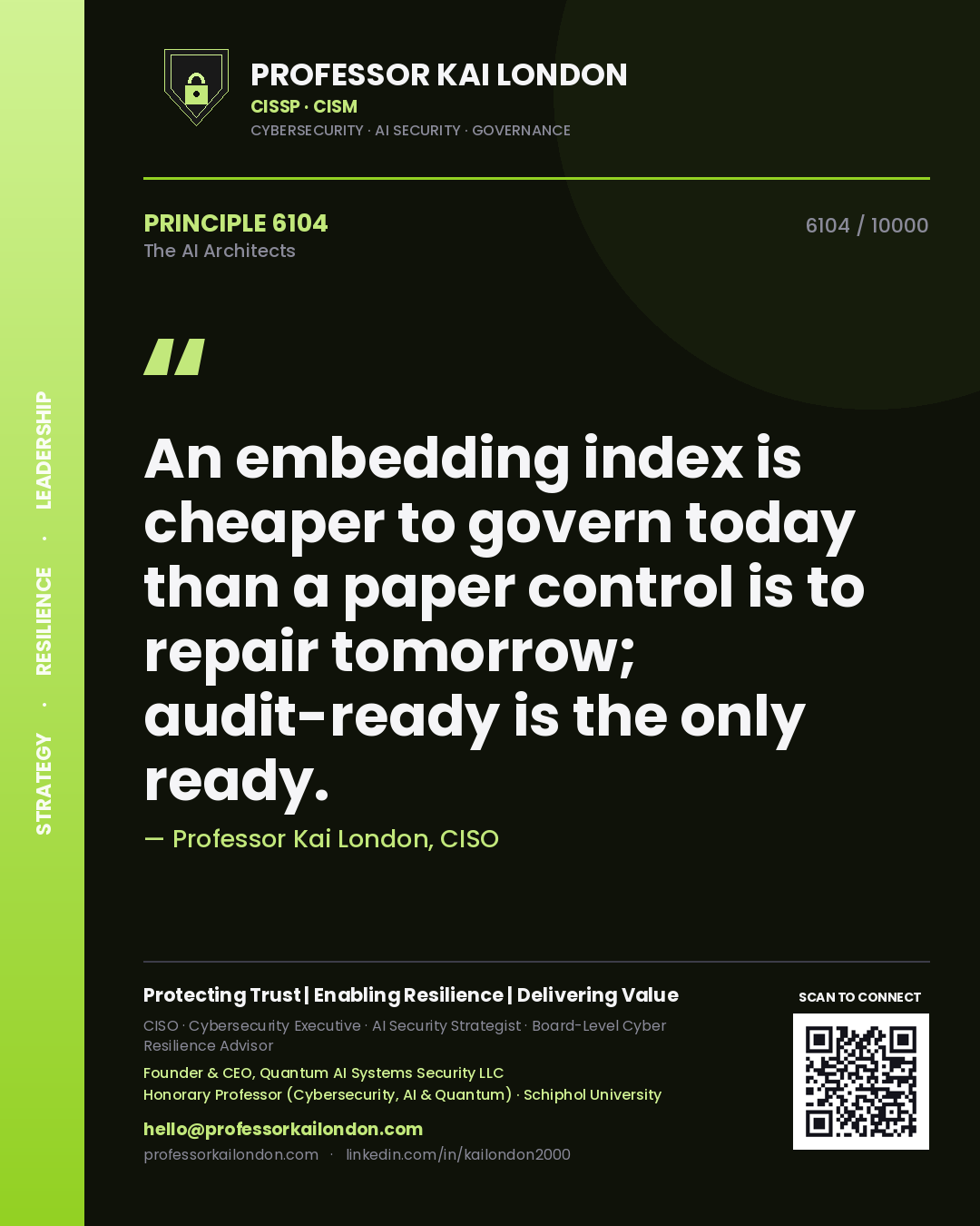 Quote card by Professor Kai London reading 'An embedding index is cheaper to govern today than a paper control is to repair tomorrow; audit-ready is the only ready.'. From the book The AI Architects.